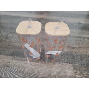 New Holiday Time Christmas Gingerbread Square Drinking Glass with‎ Straw Lid #5